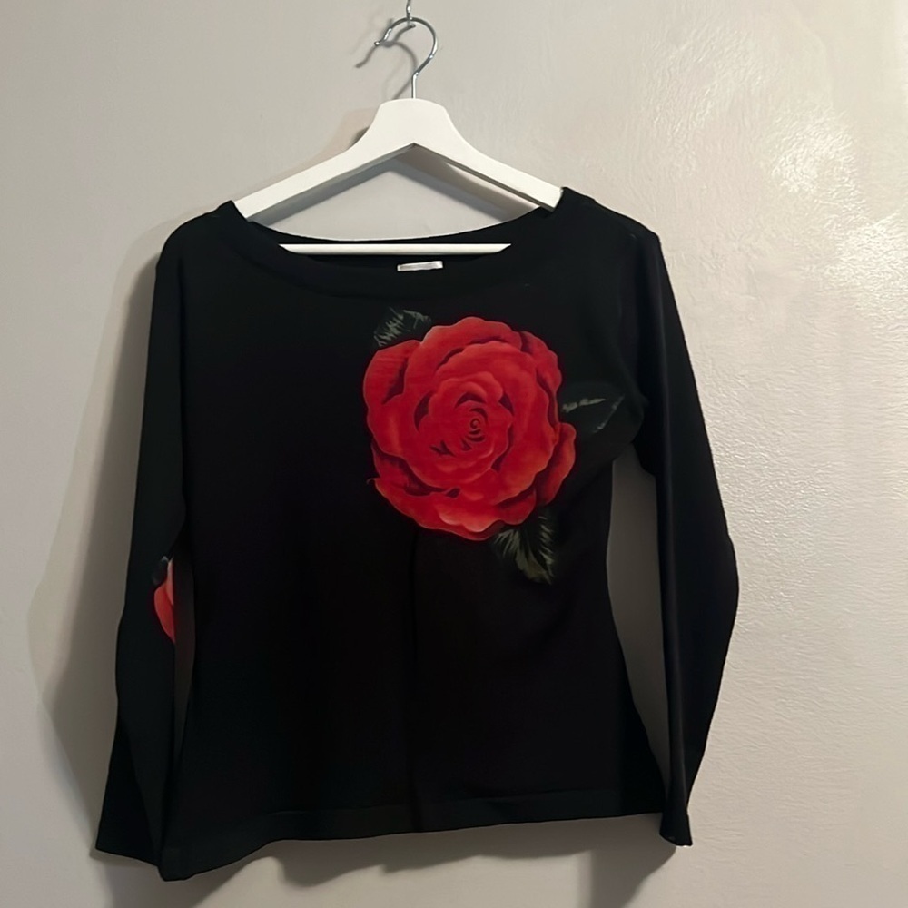 Bosch - black sweater with a sexy and big red rose decor size S/M 100% wool